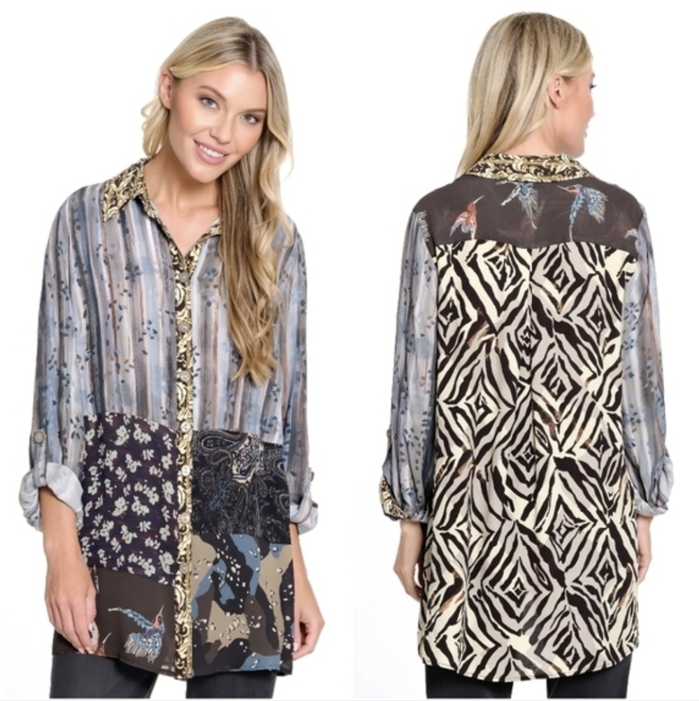 John Mark Mixed Print Patchwork Button Front Tuni… - image 1